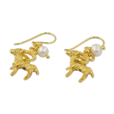 Pendientes colgantes de perlas cultivadas chapadas en oro - Pendientes Aries de perlas cultivadas chapadas en oro de Tailandia
