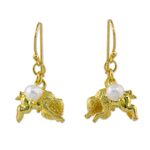 Gold plated cultured pearl dangle earrings, 'Radiant Taurus' - Gold Plated Cultured Pearl Taurus Earrings from Thailand