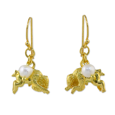 Gold Plated Cultured Pearl Taurus Earrings from Thailand