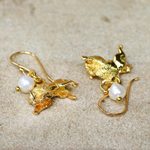 Gold plated cultured pearl dangle earrings, 'Radiant Taurus' - Gold Plated Cultured Pearl Taurus Earrings from Thailand