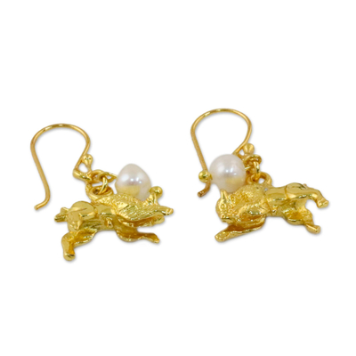 Gold plated cultured pearl dangle earrings, 'Radiant Taurus' - Gold Plated Cultured Pearl Taurus Earrings from Thailand