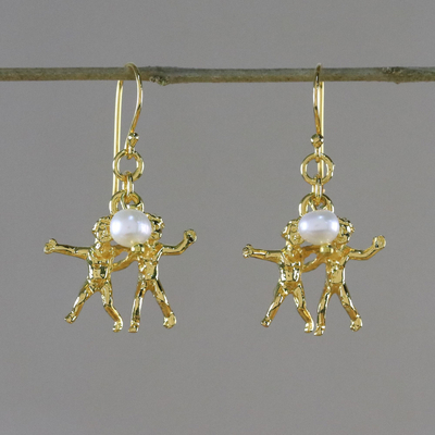 Gold plated cultured pearl dangle earrings, 'Radiant Gemini' - Gold Plated Cultured Pearl Gemini Earrings from Thailand