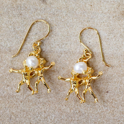 Gold plated cultured pearl dangle earrings, 'Radiant Gemini' - Gold Plated Cultured Pearl Gemini Earrings from Thailand