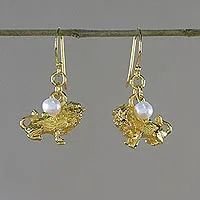 Gold plated cultured pearl dangle earrings, 'Radiant Leo'