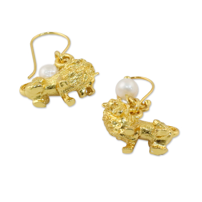 Gold plated cultured pearl dangle earrings, 'Radiant Leo' - Gold Plated Cultured Pearl Leo Earrings from Thailand