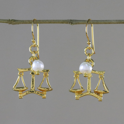 Gold plated cultured pearl dangle earrings, 'Radiant Libra' - 18k Gold Plated Cultured Pearl Libra Earrings from Thailand