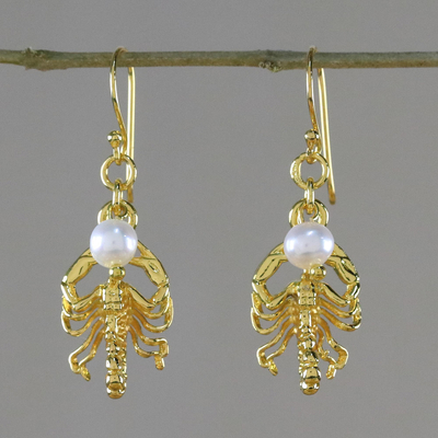 Gold plated cultured pearl dangle earrings, 'Radiant Scorpio' - Gold Plated Cultured Pearl Scorpio Earrings from Thailand