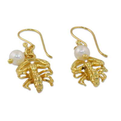 Gold plated cultured pearl dangle earrings, 'Radiant Scorpio' - Gold Plated Cultured Pearl Scorpio Earrings from Thailand