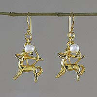 Gold plated cultured pearl dangle earrings, 'Radiant Sagittarius' - Gold Plated Pearl Sagittarius Earrings from Thailand