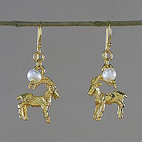 Gold plated cultured pearl dangle earrings, 'Radiant Capricorn' - Gold Plated Cultured Pearl Capricorn Earrings from Thailand