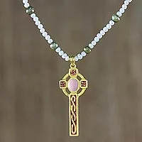 Gold plated cultured pearl pendant necklace, 'Faithful Soul in Pink' - Gold Plated Cultured Pearl Pink Cross Necklace from Thailand