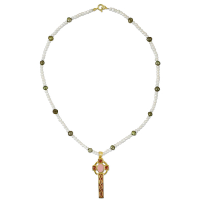 Gold plated cultured pearl pendant necklace, 'Faithful Soul in Pink' - Gold Plated Cultured Pearl Pink Cross Necklace from Thailand