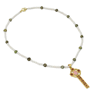 Gold plated cultured pearl pendant necklace, 'Faithful Soul in Pink' - Gold Plated Cultured Pearl Pink Cross Necklace from Thailand