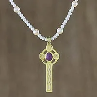 Gold plated cultured pearl pendant necklace, 'Faithful Soul in Purple'