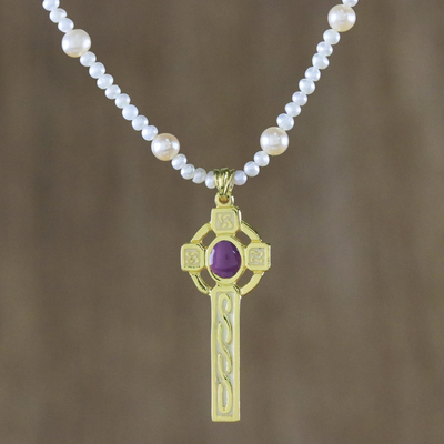 Gold plated cultured pearl pendant necklace, 'Faithful Soul in Purple' - 22k Gold Plated Cultured Pearl Purple Cross Necklace