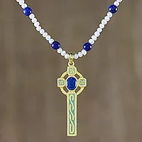 Gold plated cultured pearl and lapis lazuli pendant necklace, 'Faithful Soul in Blue'