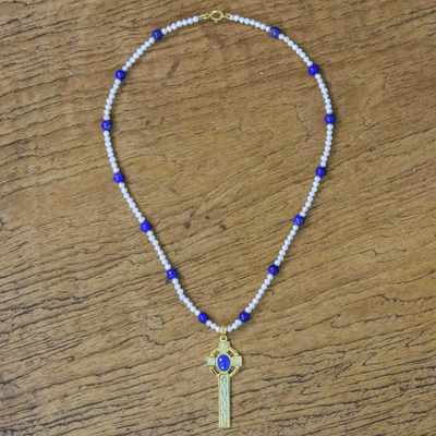 Gold plated cultured pearl and lapis lazuli pendant necklace, 'Faithful Soul in Blue' - Gold Plated Cultured Pearl and Lapis Lazuli Cross Necklace
