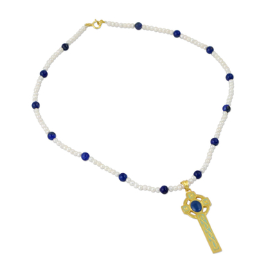 Gold plated cultured pearl and lapis lazuli pendant necklace, 'Faithful Soul in Blue' - Gold Plated Cultured Pearl and Lapis Lazuli Cross Necklace