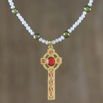 Gold plated cultured pearl pendant necklace, 'Faithful Soul in Red' - Gold Plated Cultured Pearl Red Cross Necklace from Thailand