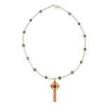 Gold plated cultured pearl pendant necklace, 'Faithful Soul in Red' - Gold Plated Cultured Pearl Red Cross Necklace from Thailand