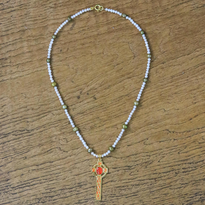 Collar colgante de perlas cultivadas chapado en oro - Collar de cruz roja de perlas cultivadas chapado en oro de Tailandia