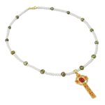 Gold plated cultured pearl pendant necklace, 'Faithful Soul in Red' - Gold Plated Cultured Pearl Red Cross Necklace from Thailand
