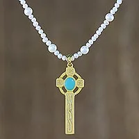 Gold plated cultured pearl pendant necklace, 'Faithful Soul in Aqua' - 22k Gold Plated Cultured Pearl Aqua Cross Necklace