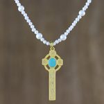 Gold plated cultured pearl pendant necklace, 'Faithful Soul in Aqua' - 22k Gold Plated Cultured Pearl Aqua Cross Necklace