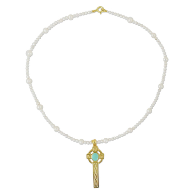 Gold plated cultured pearl pendant necklace, 'Faithful Soul in Aqua' - 22k Gold Plated Cultured Pearl Aqua Cross Necklace