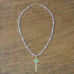 Gold plated cultured pearl pendant necklace, 'Faithful Soul in Aqua' - 22k Gold Plated Cultured Pearl Aqua Cross Necklace