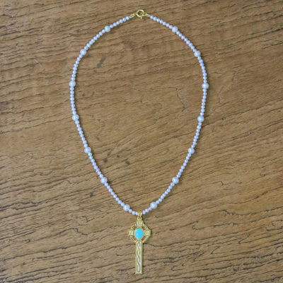 Gold plated cultured pearl pendant necklace, 'Faithful Soul in Aqua' - 22k Gold Plated Cultured Pearl Aqua Cross Necklace