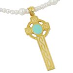 Gold plated cultured pearl pendant necklace, 'Faithful Soul in Aqua' - 22k Gold Plated Cultured Pearl Aqua Cross Necklace