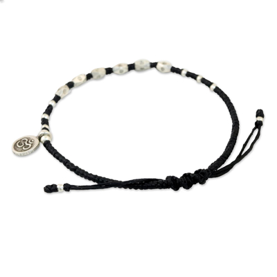 Silver beaded bracelet, 'Exquisite Om' - Karen Silver Adjustable Beaded Om Bracelet from Thailand
