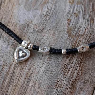 Silver beaded bracelet, 'Inner Heart' - Karen Silver Heart Charm Beaded Bracelet from Thailand