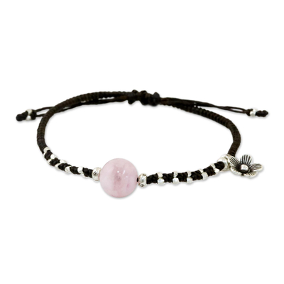 Rose quartz beaded bracelet, 'Pink Smile' - Karen Silver and Rose Quartz Floral Bracelet from Thailand