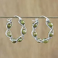 Cultured pearl hoop earrings, 'Cloud Twist in Green' - Green Cultured Pearl and 925 Silver Earrings from Thailand