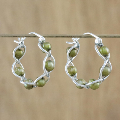 Cultured pearl hoop earrings, Cloud Twist in Green