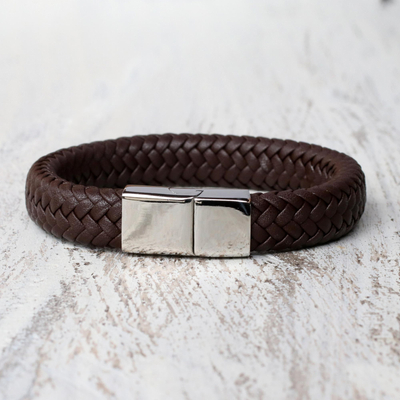 Leather wristband bracelet, 'Best Friend in Brown' - Brown Braided Leather Wristband Bracelet from Thailand