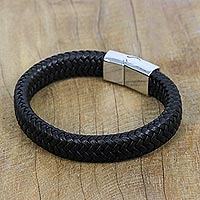 Leather wristband bracelet, 'Best Friend in Black' - Black Braided Leather Wristband Bracelet from Thailand