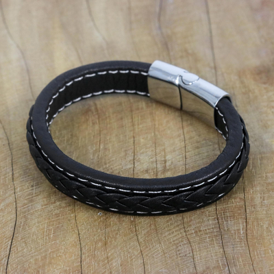Leather wristband bracelet, 'Worldly Spirit in Black' - Black Braided Leather Wristband Bracelet from Thailand