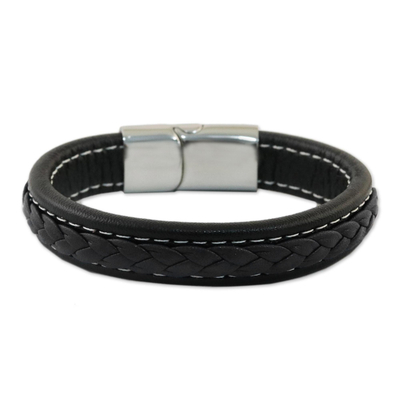 Leather wristband bracelet, 'Worldly Spirit in Black' - Black Braided Leather Wristband Bracelet from Thailand