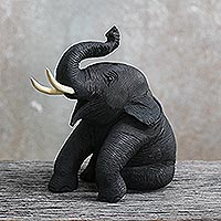 Teak wood statuette, 'Elephant Smile of Welcome' - Thai Elephant Statuette, Carved by Hand of Teak Wood