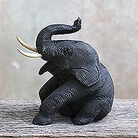 Teak wood statuette, 'Elephant Friends Welcome' - Artisan Hand Carved Teak Wood Thai Elephant Statuette