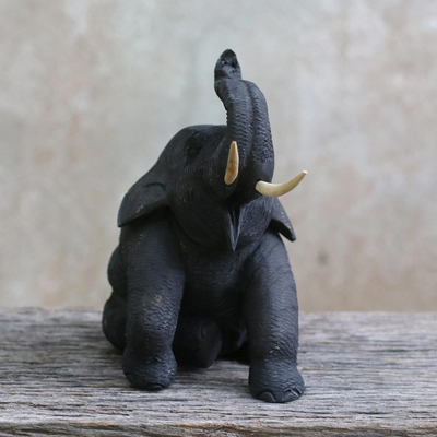 Teak wood statuette, 'Elephant Friends Welcome' - Artisan Hand Carved Teak Wood Thai Elephant Statuette