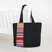 Bolso de algodón, 'Primavera en Tailandia' - Bolso de algodón negro con diseño de rayas de Tailandia