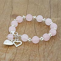 Rose quartz beaded bracelet, 'Soft Hearts'