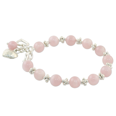 Rose Quartz Beaded Bracelet with Heart Charms from Thailand