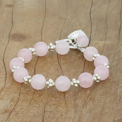 Rose Quartz Beaded Bracelet with Heart Charms from Thailand - Soft ...