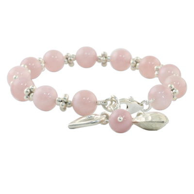 Rose quartz beaded bracelet, 'Soft Hearts' - Rose Quartz Beaded Bracelet with Heart Charms from Thailand