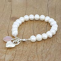 Cultured pearl and chalcedony beaded charm bracelet, 'Alluring Romance' - Cultured Pearl and Chalcedony Beaded Bracelet from Thailand